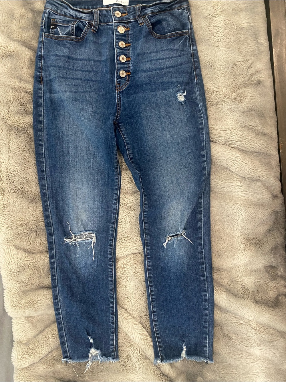 Button-Fly Distressed High-Rise Women's Jeans - Blue